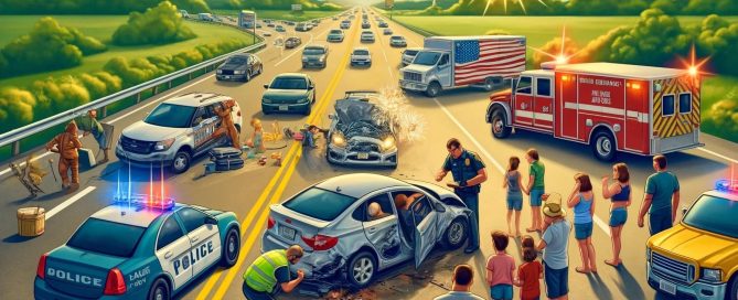 A busy 100 days of deadly summer highway with heavy traffic, including decorated cars. In the foreground, a car accident scene with a damaged vehicle, police car, officer, worried family, and paramedic assisting an injured driver. The background shows a clear blue sky.