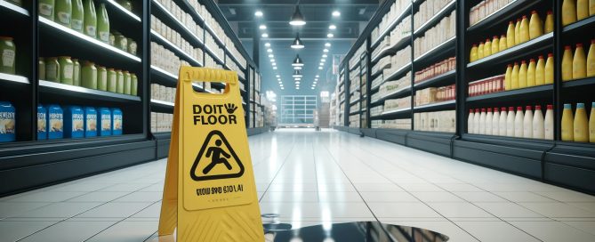 A well-lit grocery store aisle with a wet floor sign and a spilled liquid on the floor, showcasing a potential hazard for a slip and fall accident