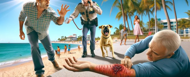 A realistic scene of a dog bite incident on a sunny beach in Fort Lauderdale, showing a victim with an injured arm, a concerned bystander calling for help, and a dog owner restraining an aggressive dog. The background features beachgoers, palm trees, and clear blue skies, emphasizing the urgency and importance of documenting the incident.