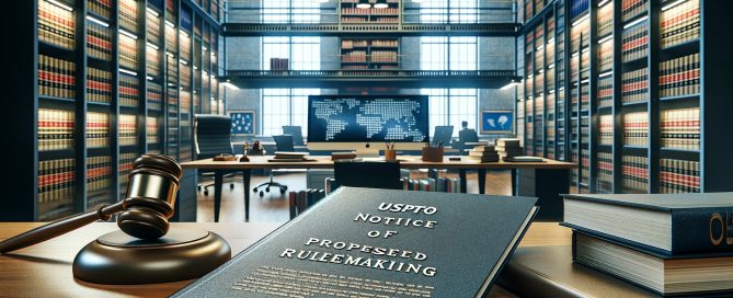 a modern office with a document labeled 'USPTO Notice of Proposed Rulemaking.' The workspace includes shelves with legal books, a computer screen with a legal document, and a gavel beside the document on an organized desk.