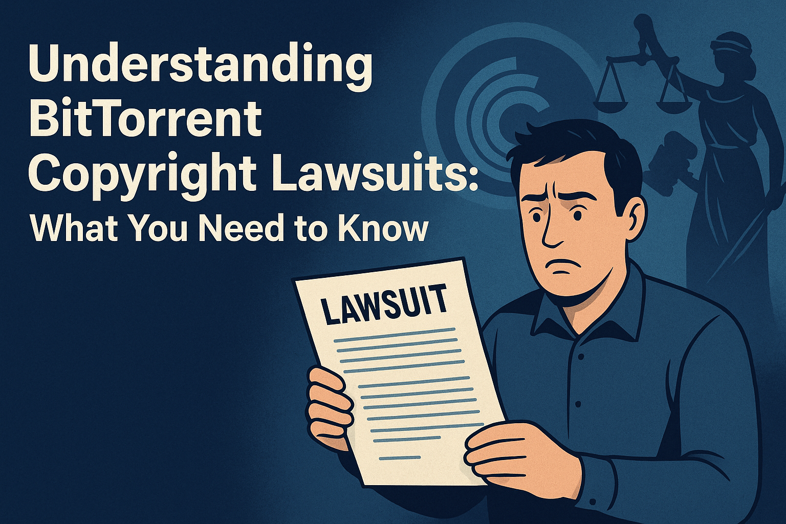 A concerned man reading a lawsuit notice, with the headline "Understanding BitTorrent Copyright Lawsuits: What You Need to Know" and legal symbols in the background.