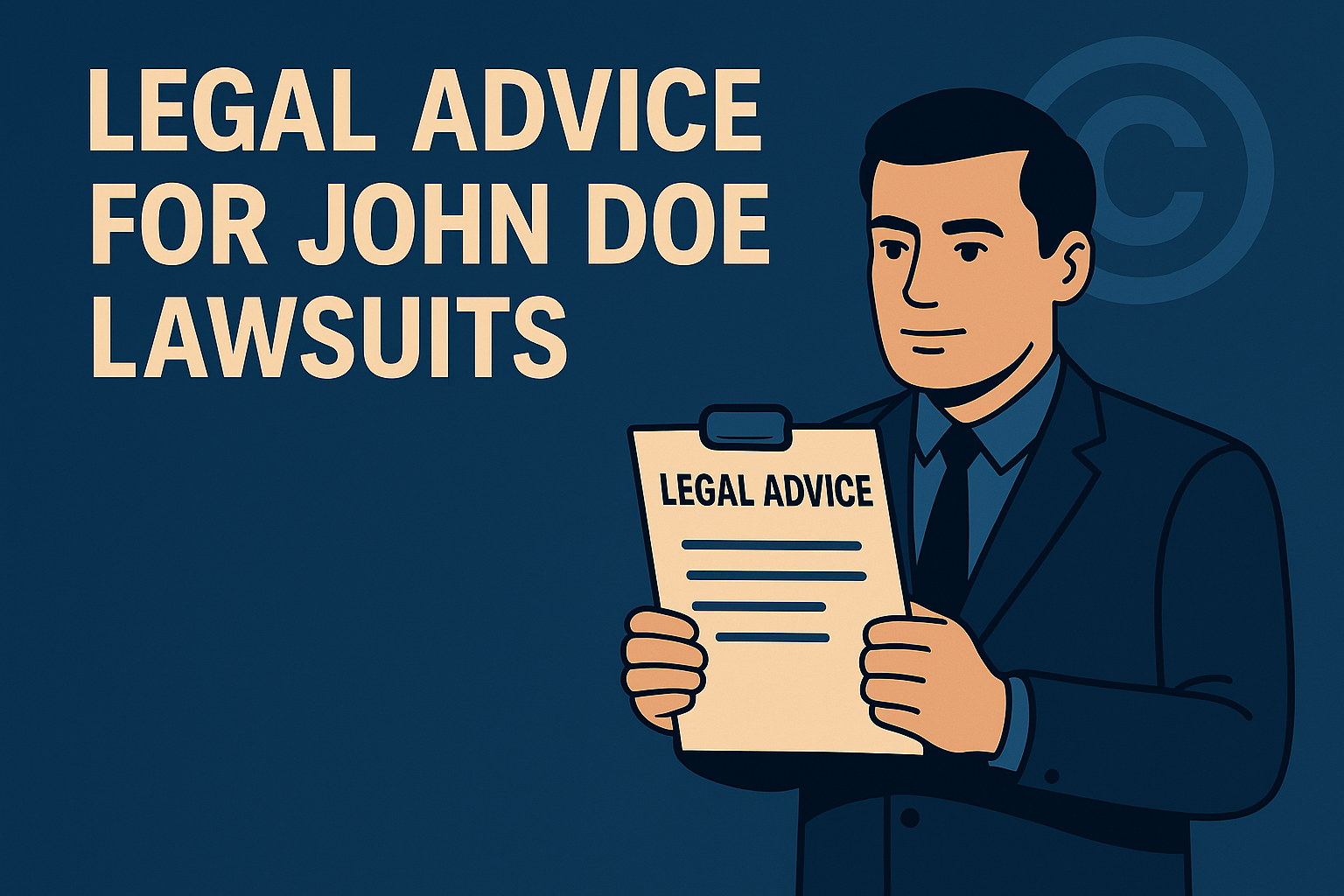 An attorney holding a clipboard labeled "Legal Advice," with the text "Legal Advice for John Doe Lawsuits" and a copyright symbol in the background.