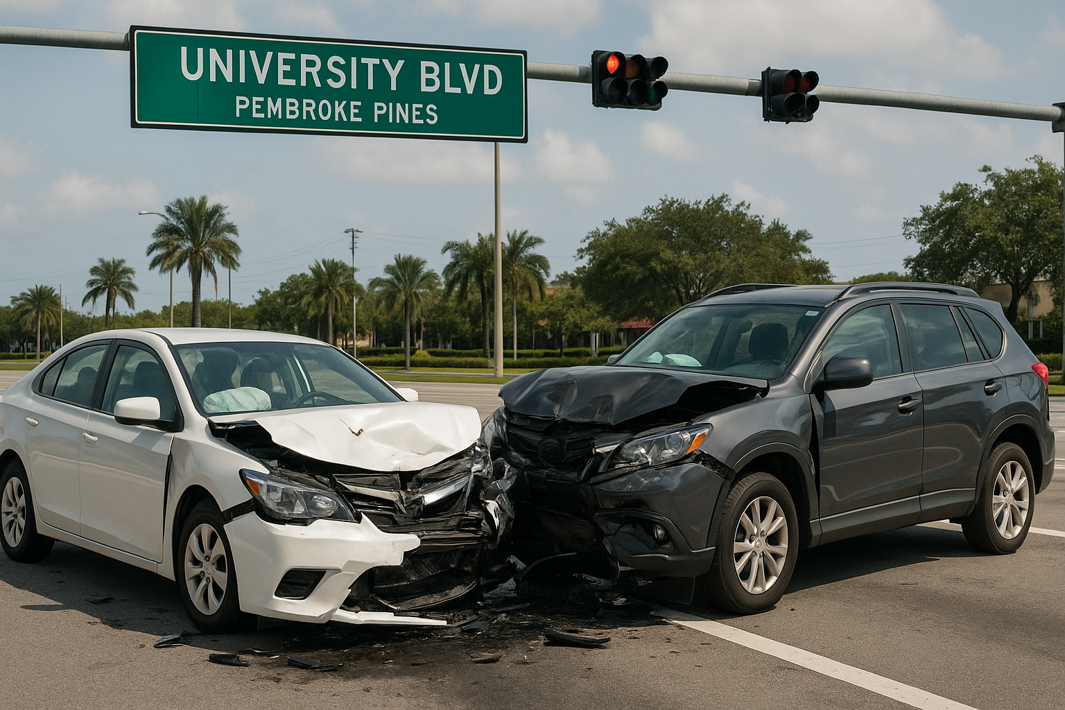 Two-vehicle crash at intersection under University Blvd sign in Pembroke Pines, Florida, showing front-end damage to a white sedan and a dark SUV.