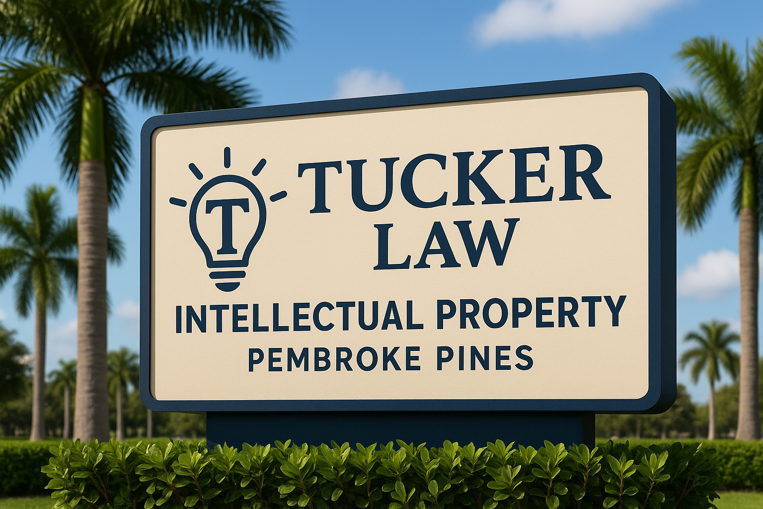 Outdoor sign for Tucker Law featuring a lightbulb logo with the letter T, and the text 'Tucker Law Intellectual Property Pembroke Pines,' set against a backdrop of palm trees and a blue sky.