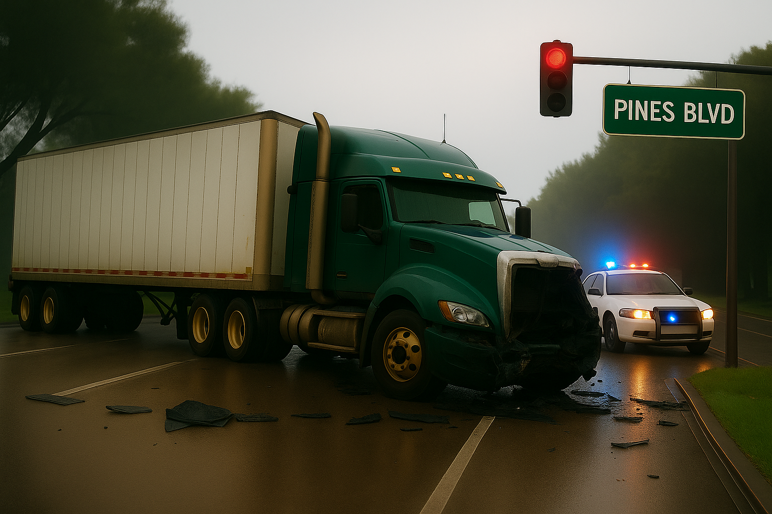 A large green semi-truck with front-end damage is stopped in the middle of a wet road at a red light on Pines Blvd, with a police car behind it and debris scattered on the pavement. The scene appears foggy, and emergency lights are flashing.