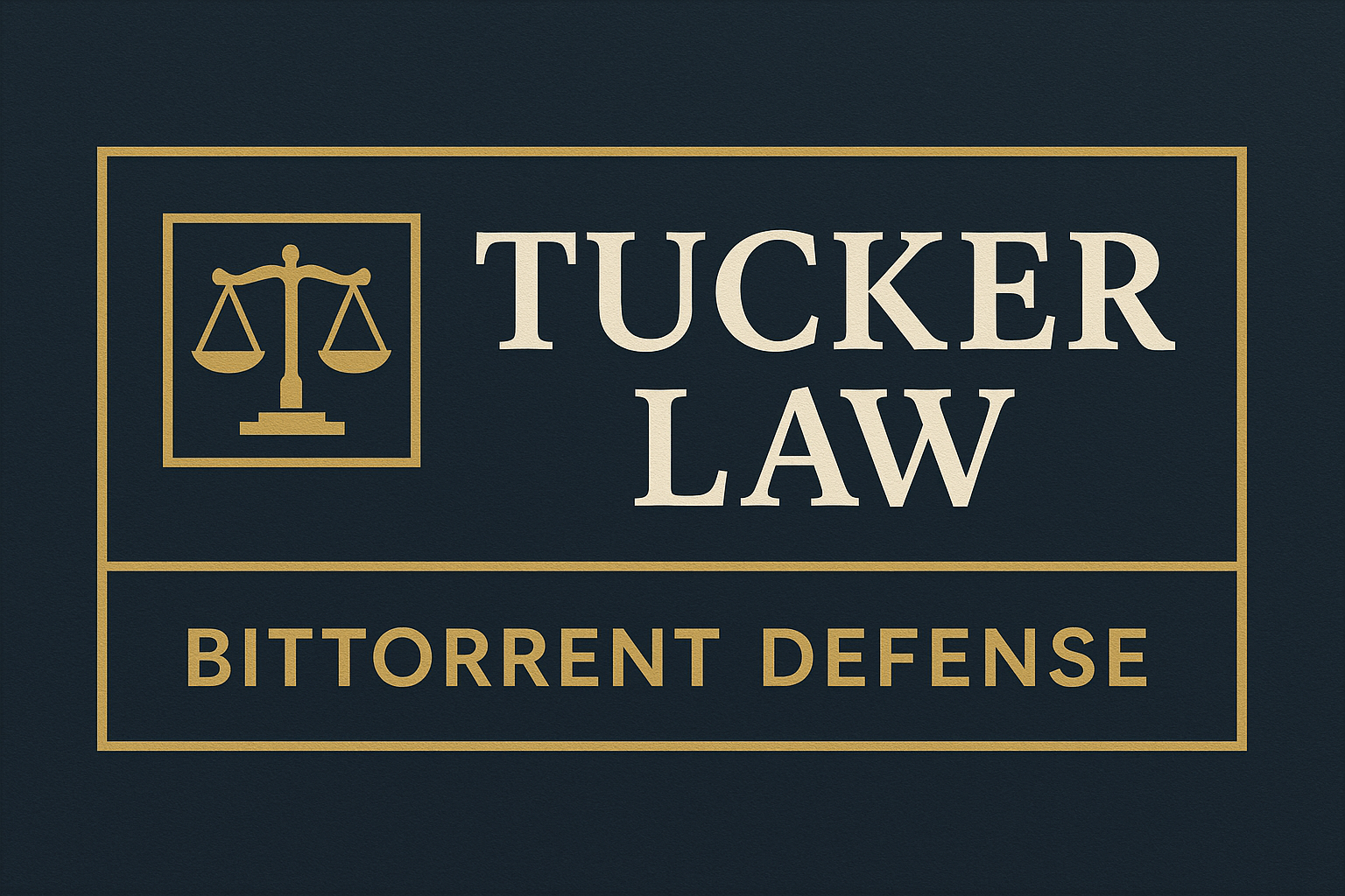 The Tucker Law firm logo featuring balanced scales of justice and the phrase "BitTorrent Defense" in a gold-bordered design.