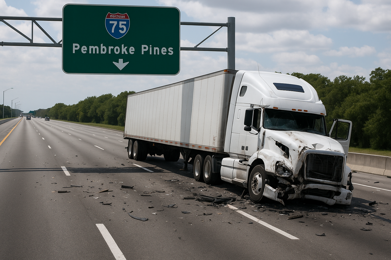 A damaged white semi-truck sits in the middle of a multi-lane highway beneath an overhead sign for Interstate 75 and Pembroke Pines. Debris is scattered across the road, and the truck's front end shows heavy collision damage.