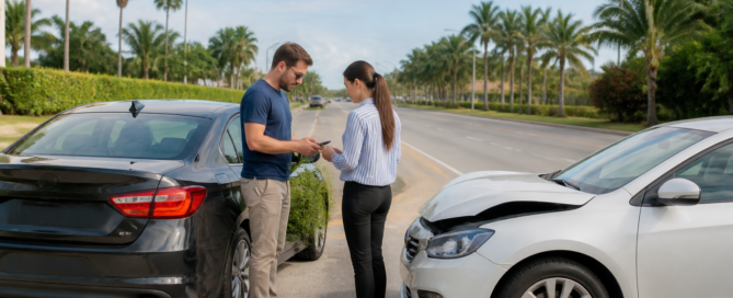 Two drivers exchange information beside damaged cars after a collision on a South Florida road