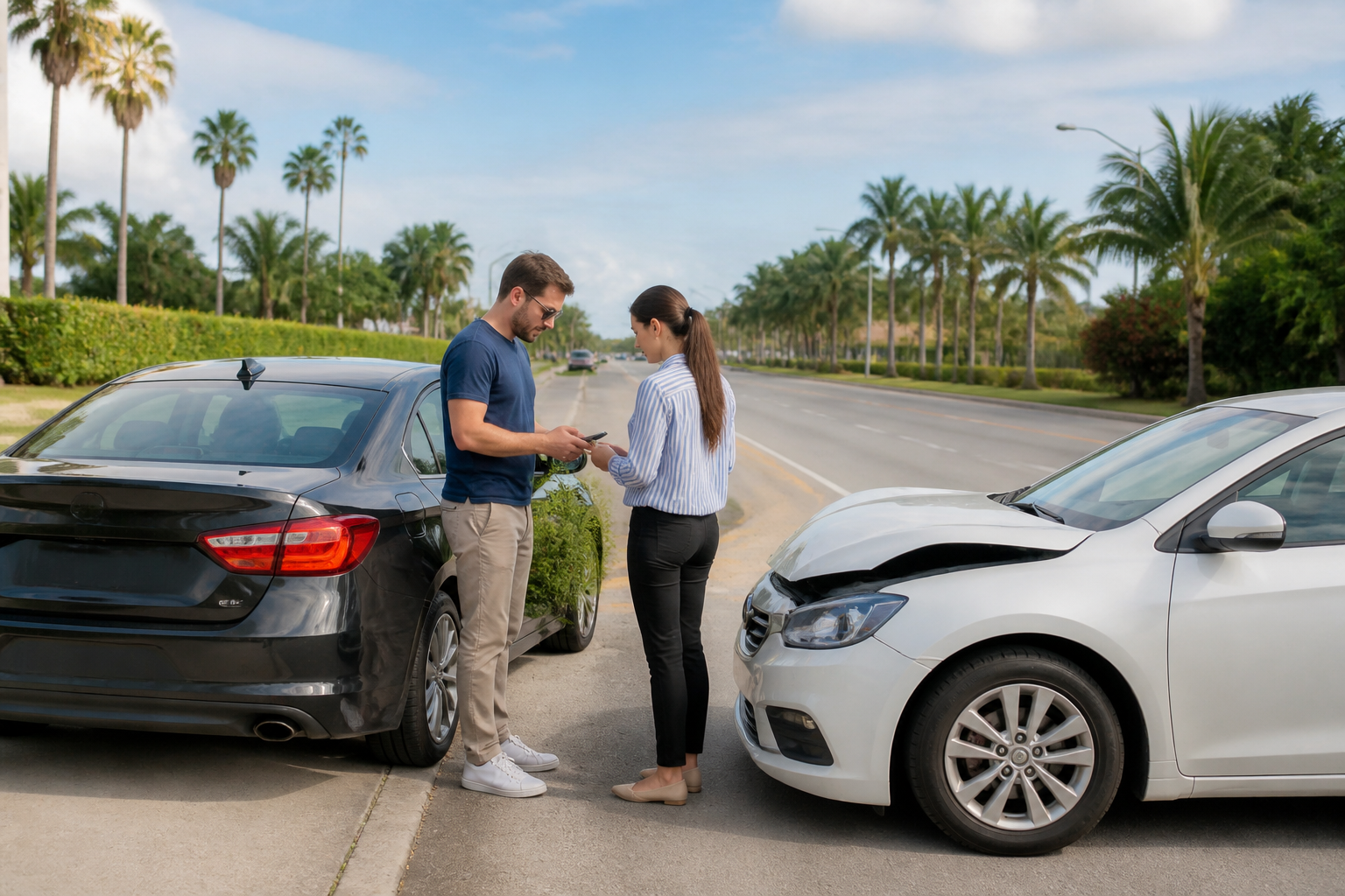 Two drivers exchange information beside damaged cars after a collision on a South Florida road