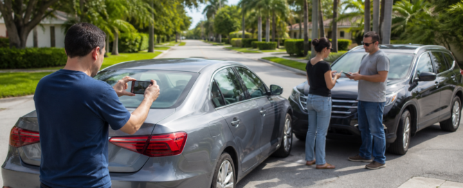 Drivers documenting vehicle damage after a Florida car accident with no police report
