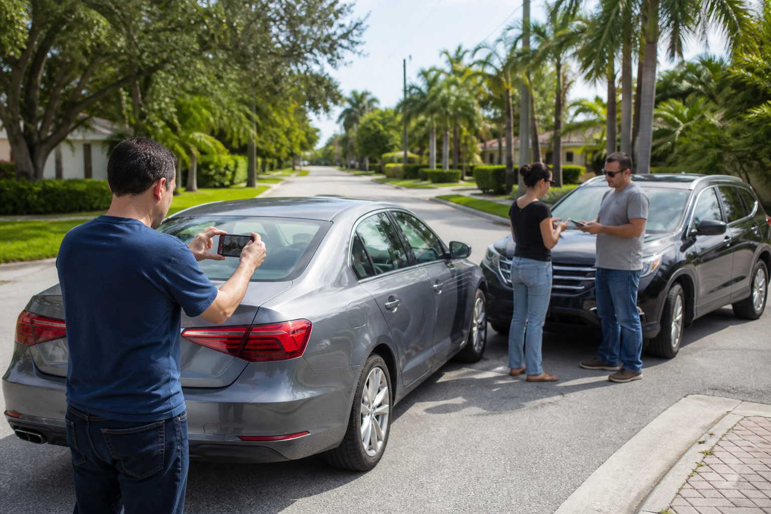 Drivers documenting vehicle damage after a Florida car accident with no police report
