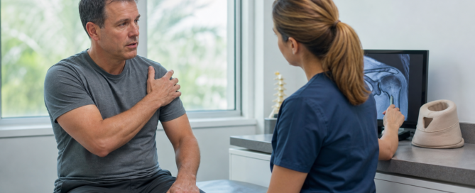 Patient discussing an aggravated shoulder condition with a healthcare professional after an accident