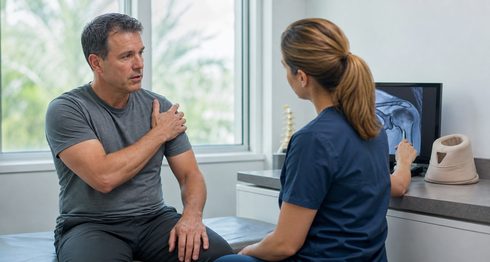 Patient discussing an aggravated shoulder condition with a healthcare professional after an accident