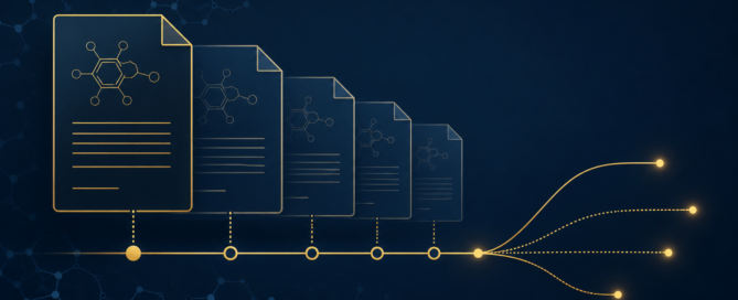 Abstract patent family timeline with overlapping documents and a branching expiration path