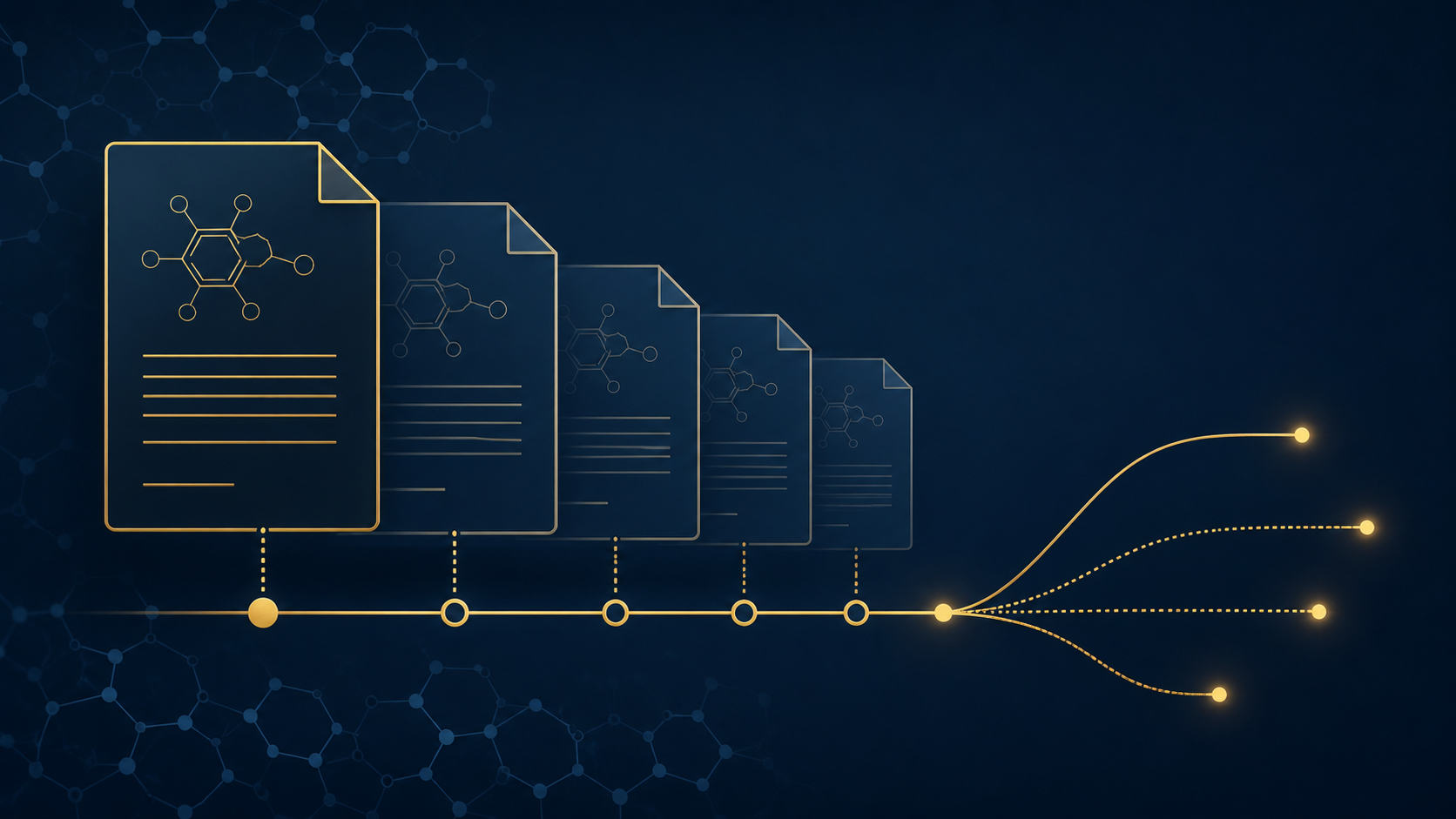 Abstract patent family timeline with overlapping documents and a branching expiration path