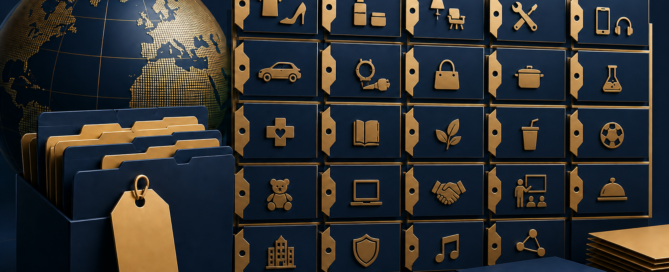 Organized trademark filing cards arranged into numbered goods and services categories