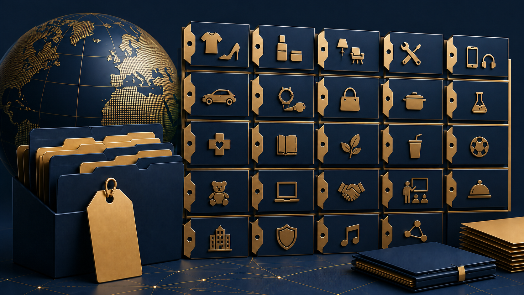 Organized trademark filing cards arranged into numbered goods and services categories