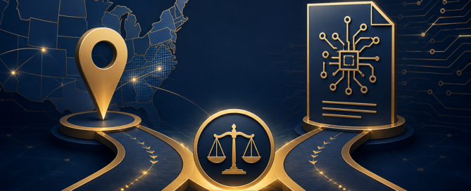 Two parallel courthouse pathways labeled conceptually by location and patent eligibility symbols