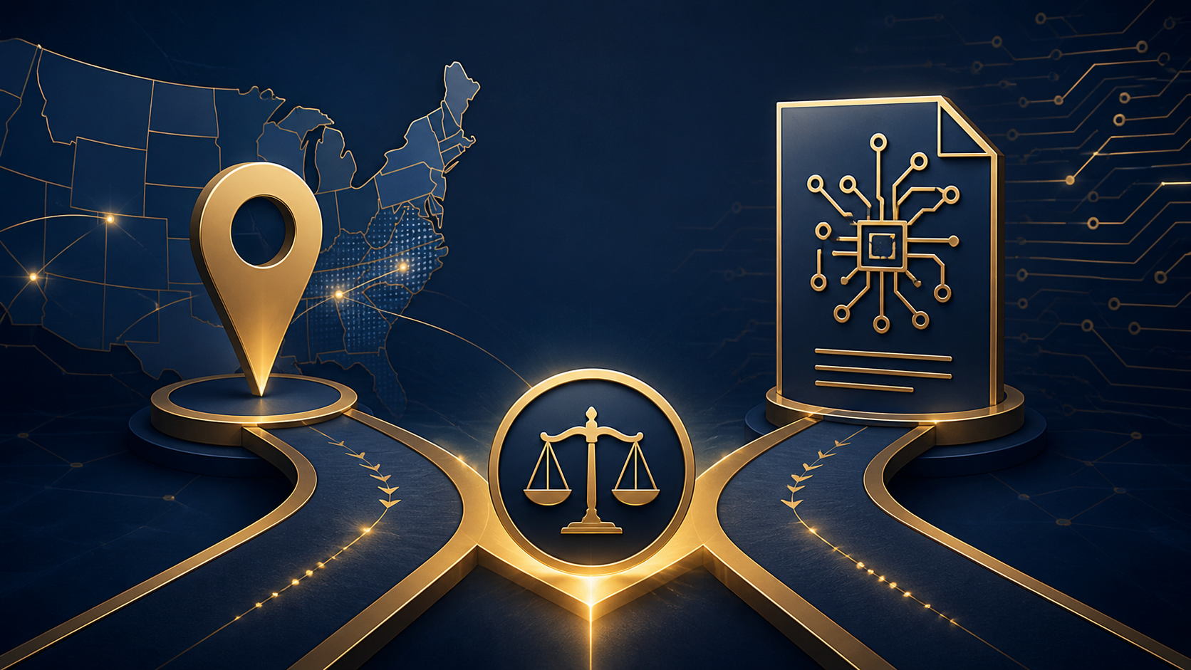 Two parallel courthouse pathways labeled conceptually by location and patent eligibility symbols
