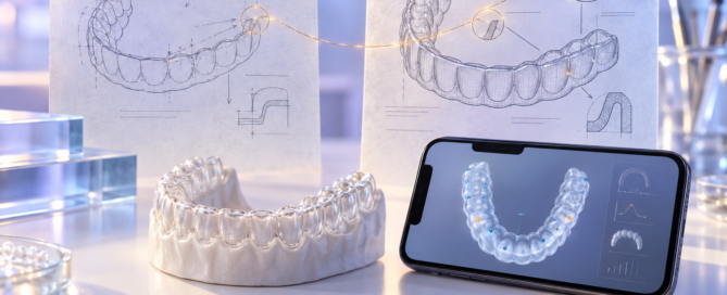 A dental arch model and smartphone scan beside linked early and later technical drawings.