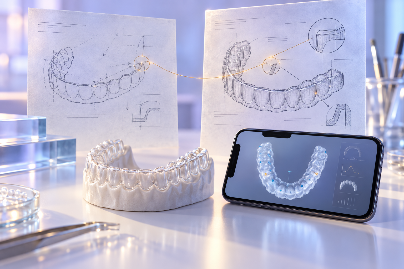 A dental arch model and smartphone scan beside linked early and later technical drawings.