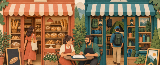 Owners of two distinct shops review a coexistence agreement while customers use separate storefronts.