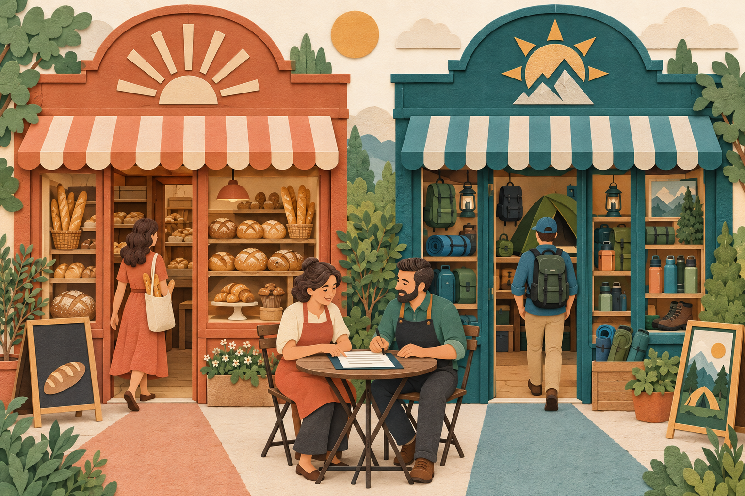 Owners of two distinct shops review a coexistence agreement while customers use separate storefronts.