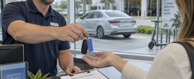 A dealership service advisor hands a customer loaner-car keys beside a vehicle loan agreement.