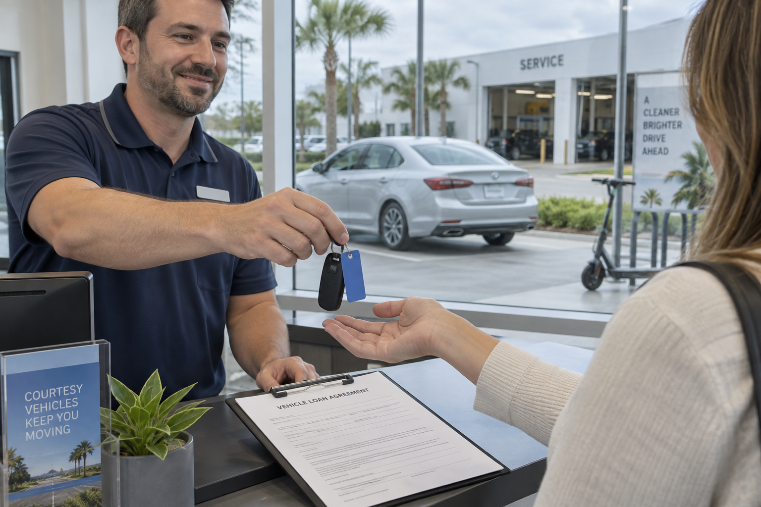 A dealership service advisor hands a customer loaner-car keys beside a vehicle loan agreement.