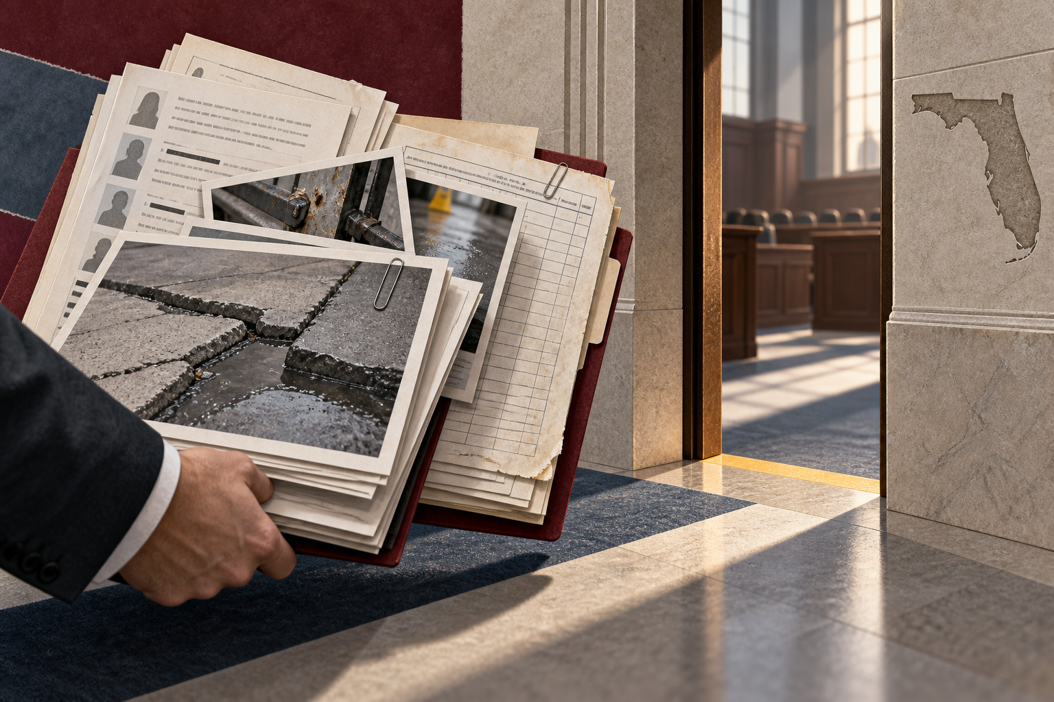 A file of photographs, witness records, and maintenance evidence approaches a courtroom threshold.