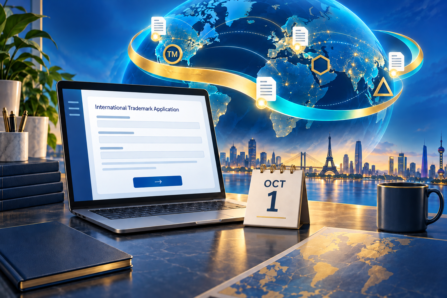 An international trademark application on a laptop connects to a globe beside an October 1 calendar.