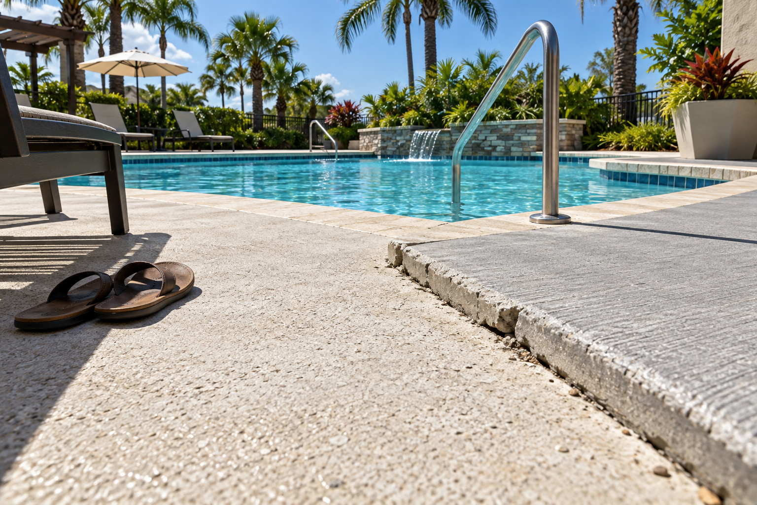 A sunlit Florida pool deck with sandals and an uneven walkway-to-ramp joint.