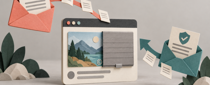 Paper envelopes representing a DMCA notice and counter-notice surround a partly hidden online image.