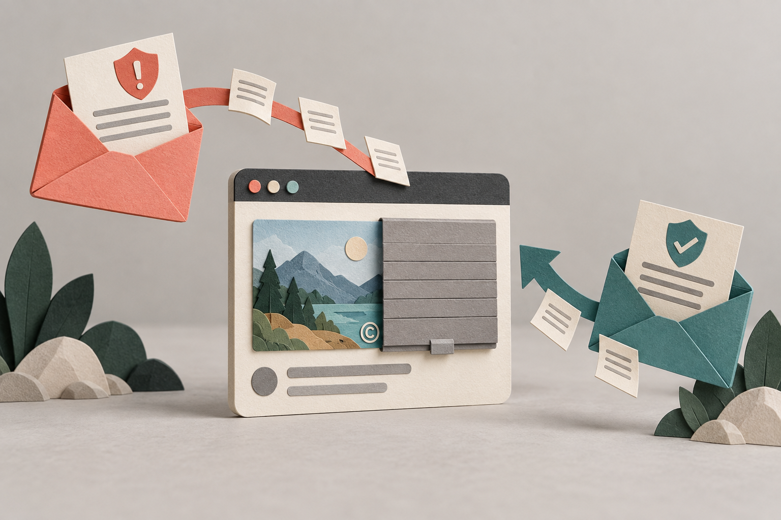 Paper envelopes representing a DMCA notice and counter-notice surround a partly hidden online image.