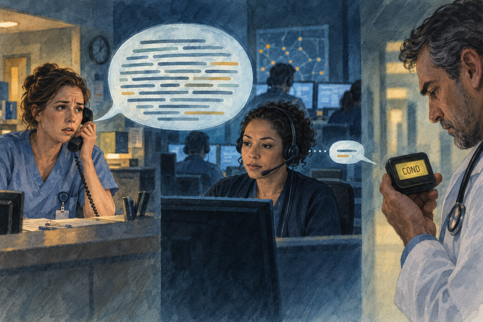 A detailed nurse telephone message passes through an answering service and becomes COND on a pager.