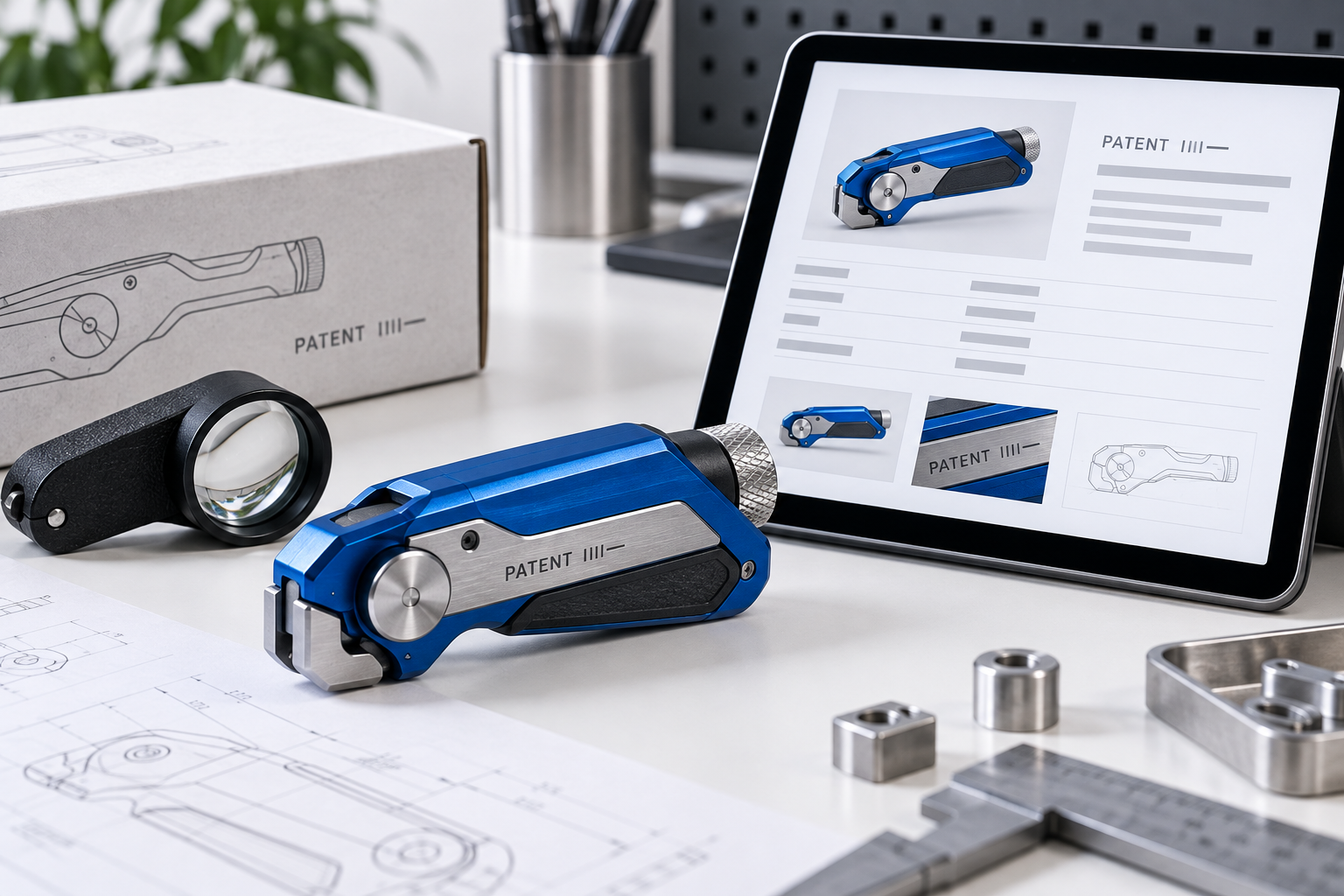 A product with a patent marking beside packaging and a tablet showing its virtual marking reference page.