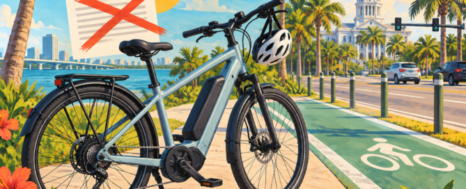 An electric bicycle beside a Florida bike path with an illustration of a canceled legislative proposal.