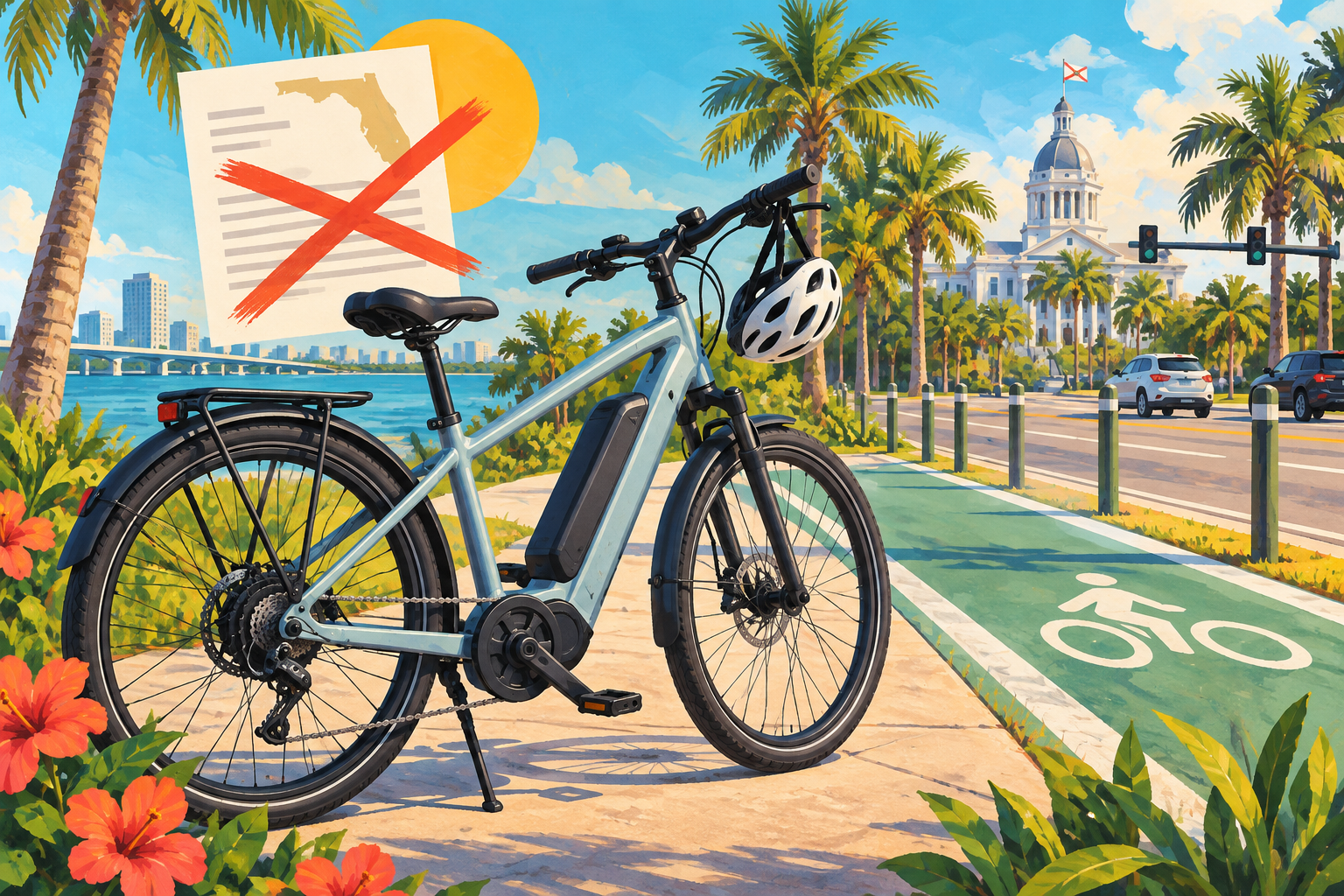 An electric bicycle beside a Florida bike path with an illustration of a canceled legislative proposal.