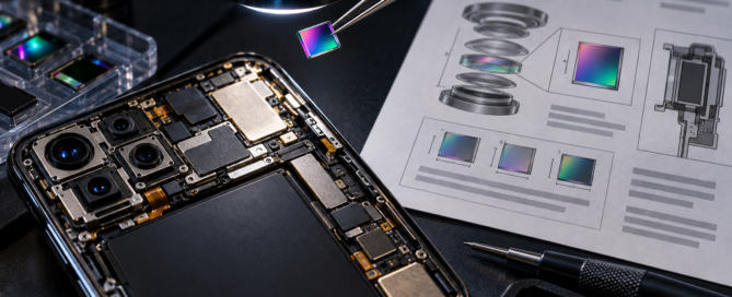 An optical filter held under a microscope beside an opened smartphone and technical diagrams.