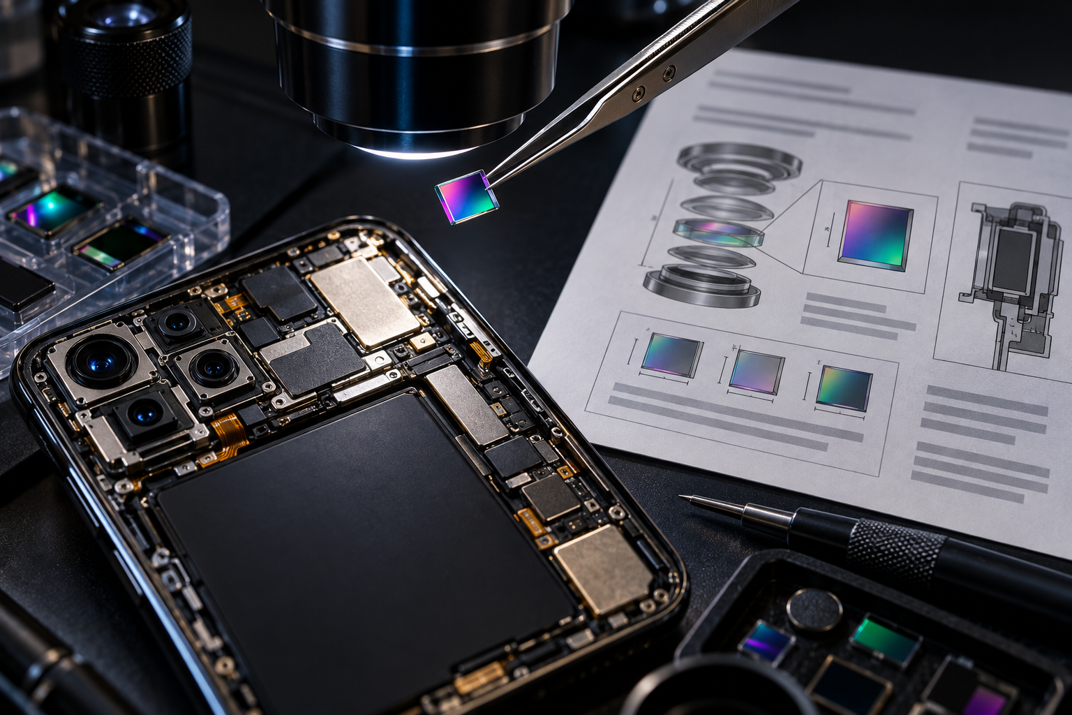 An optical filter held under a microscope beside an opened smartphone and technical diagrams.