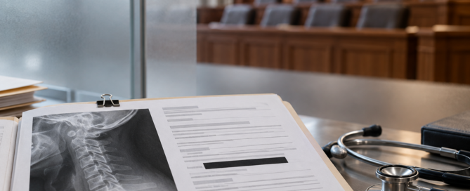 A medical chart with a redacted entry and cervical image before a blurred jury box.