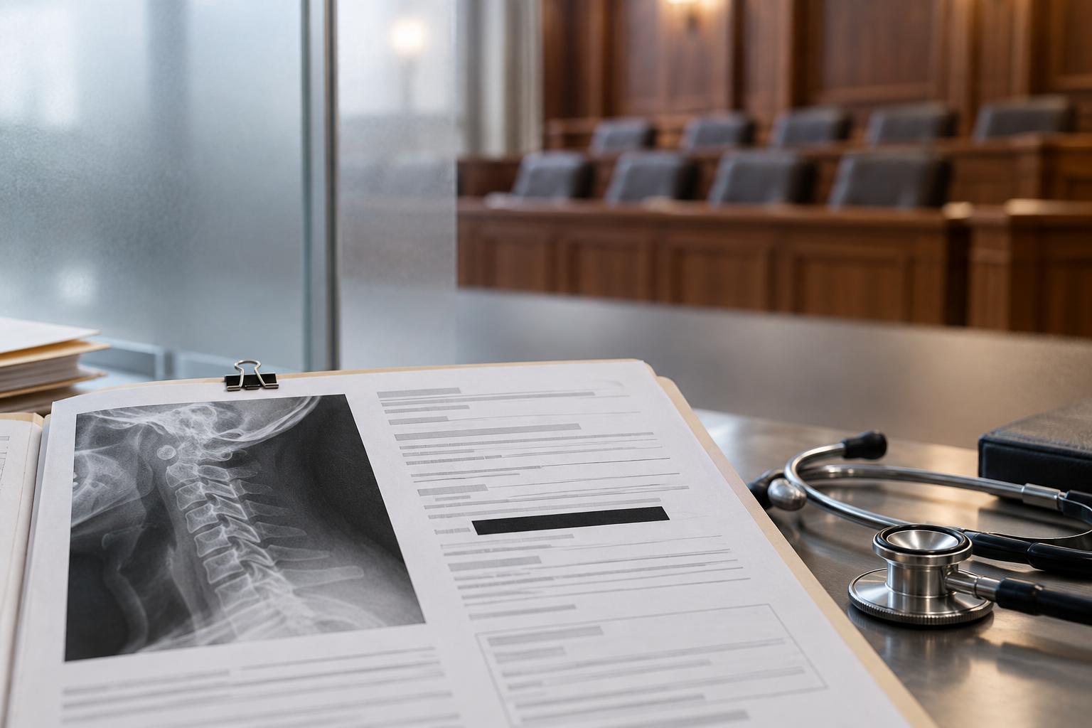A medical chart with a redacted entry and cervical image before a blurred jury box.