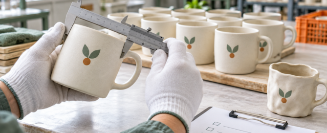 An inspector measures a branded ceramic mug beside matching products and a quality checklist.