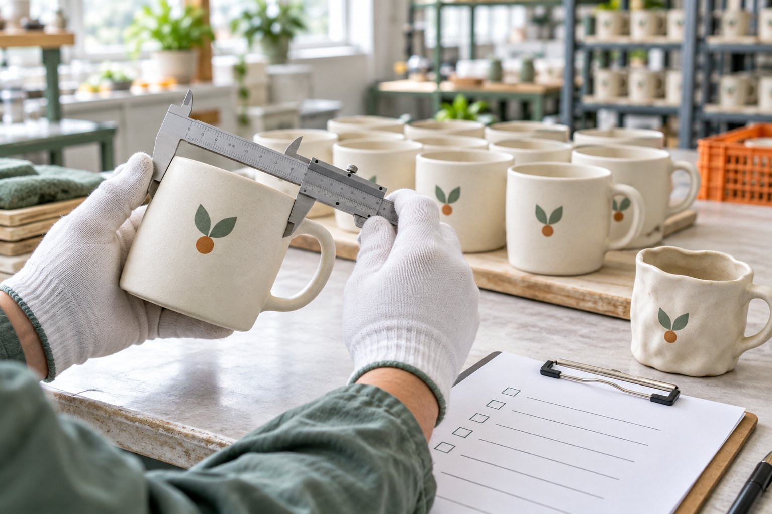 An inspector measures a branded ceramic mug beside matching products and a quality checklist.