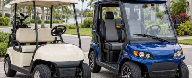 A recreational golf cart and a road-equipped low-speed vehicle parked side by side in Florida.