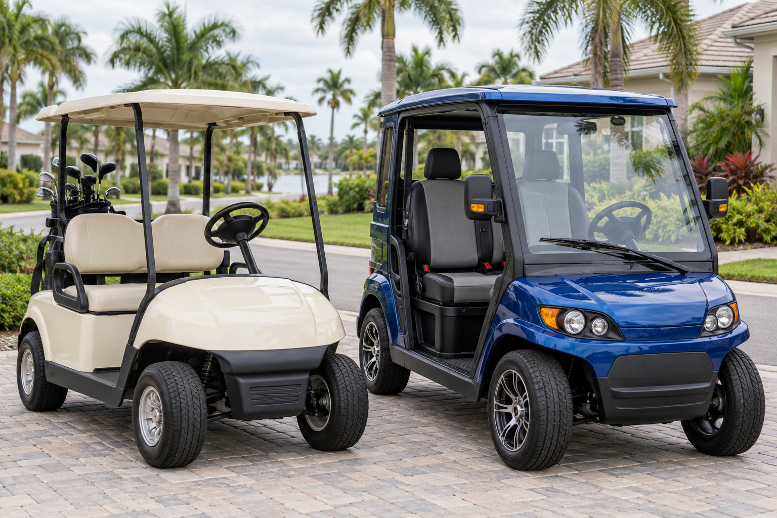 A recreational golf cart and a road-equipped low-speed vehicle parked side by side in Florida.