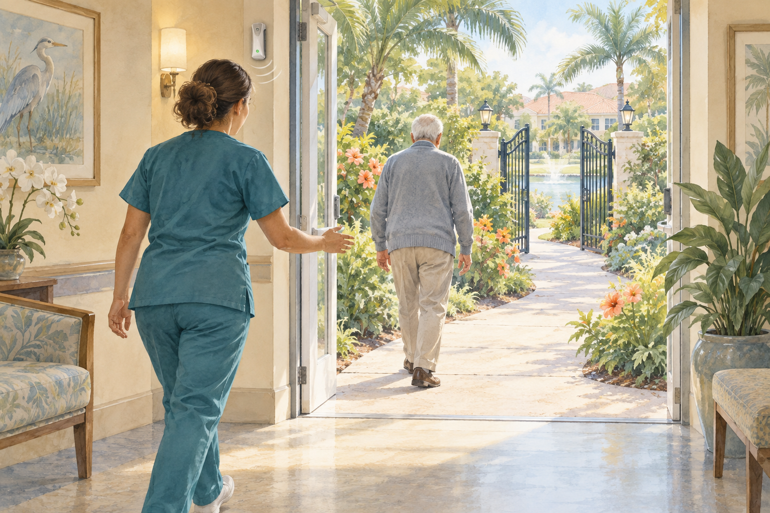 A caregiver approaches an older resident walking toward an open assisted-living garden gate.