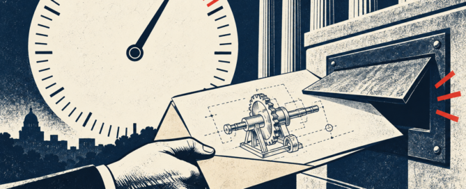 A patent drawing reaches a courthouse filing slot beside a clock with a red deadline segment.