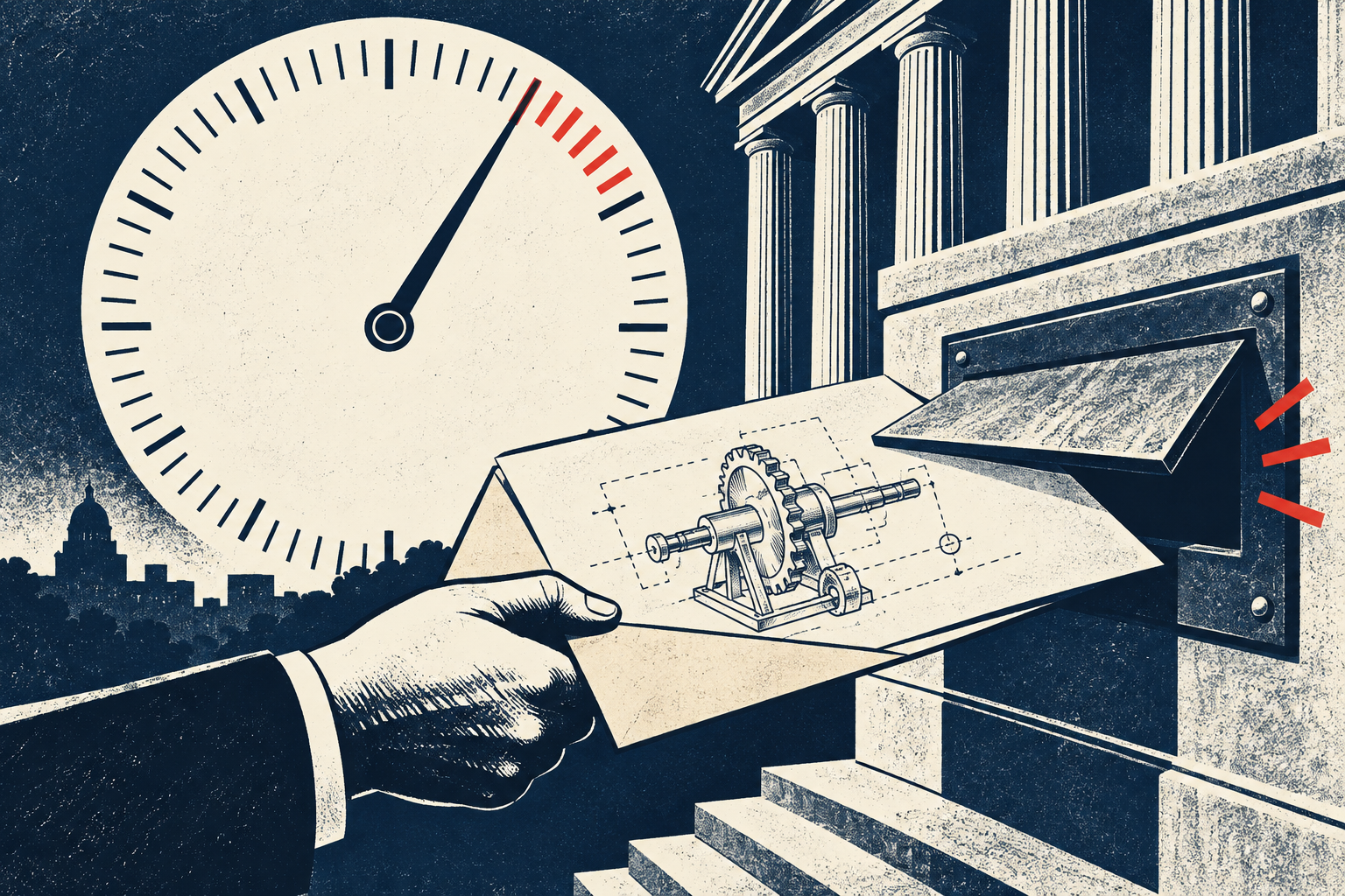 A patent drawing reaches a courthouse filing slot beside a clock with a red deadline segment.