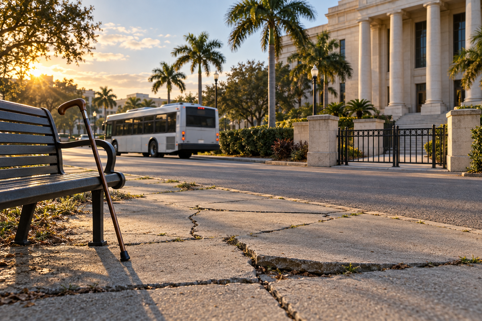 Cracked public sidewalk, a walking cane, city bus, and gated civic building in Florida.